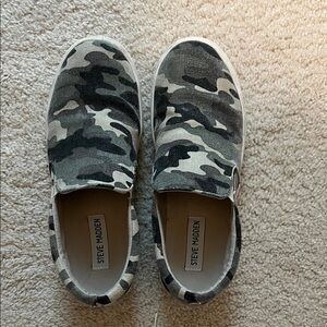 Steve Madden Camouflage Canvas Slip-Ons in Olive, Black, Cream